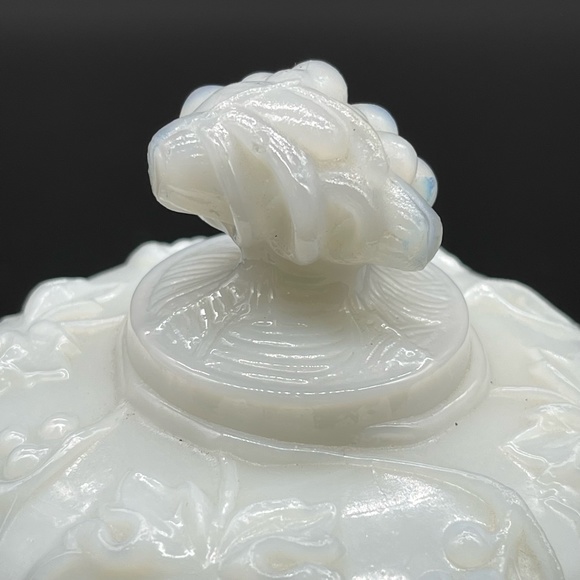 Vintage Portieux Vallerysthal Opaline Milk Glass Covered Footed Candy Dish Grape - Picture 5 of 11